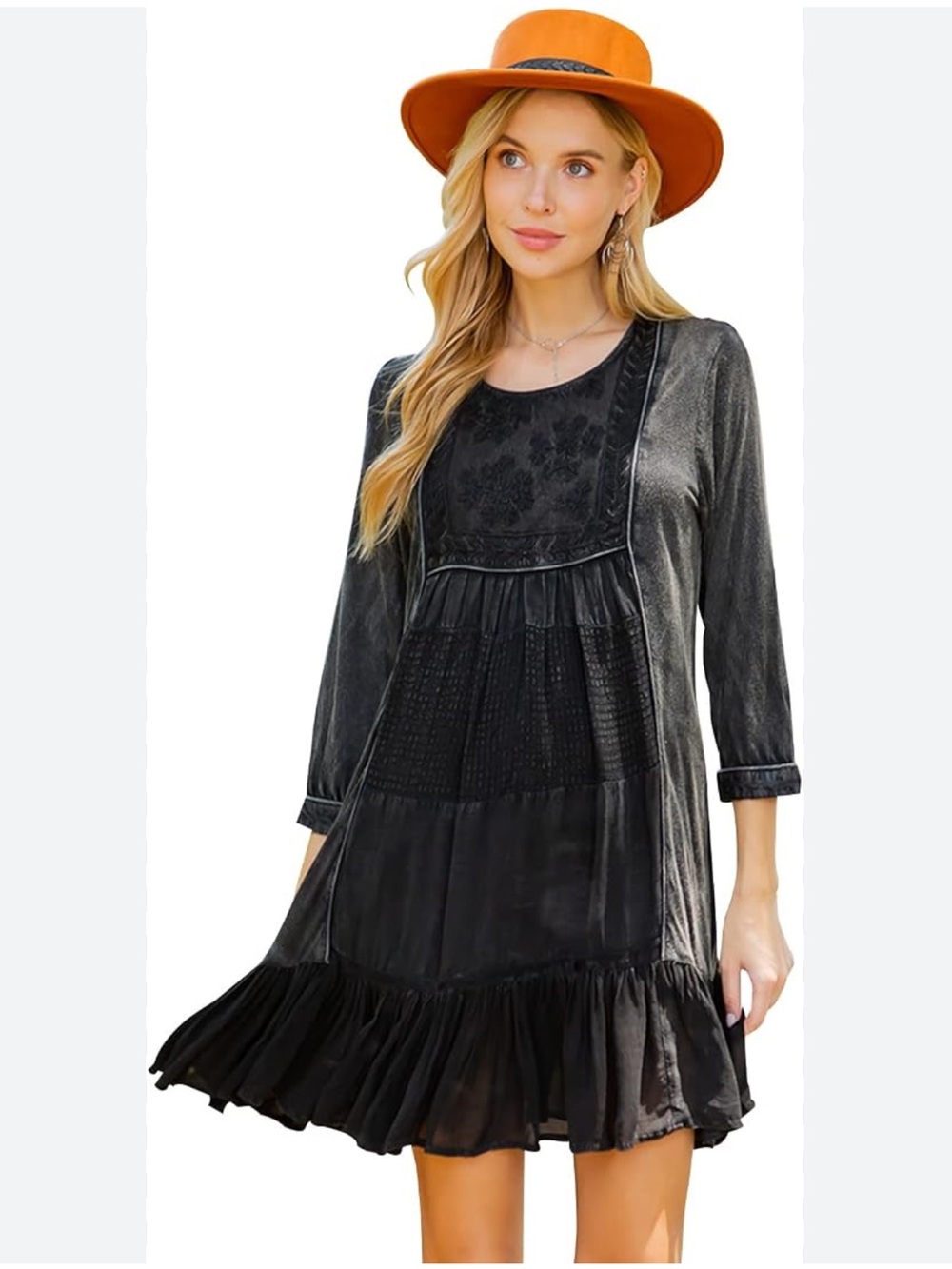 NWT: Young Threads Boho Black Embroidered Ruffle Hem 3/4 Sleeve Midi Dress• L